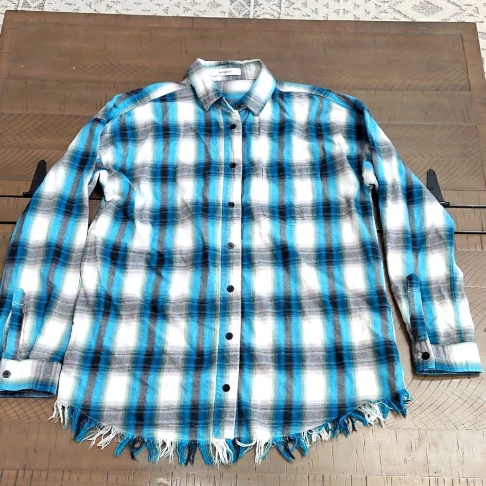 Moussy Plaid Raw Hem Distressed Cotton Button-up Shirt